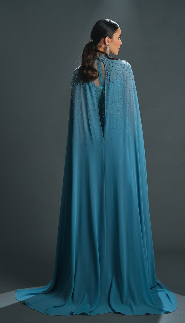 Bust Embroidered Cape Chiffon Evening Dress