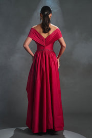 Gathered Sleeve Taffeta Evening Dress